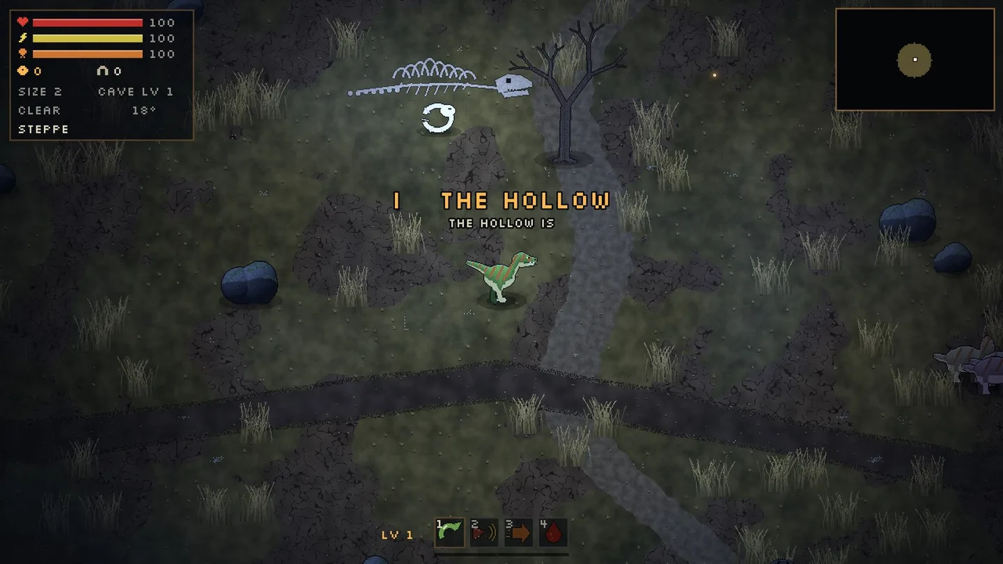Die Steppe in HD-Pixel-Art: Gras, Bäume, Felsen und Dinos, alles aus einem Python-Skript