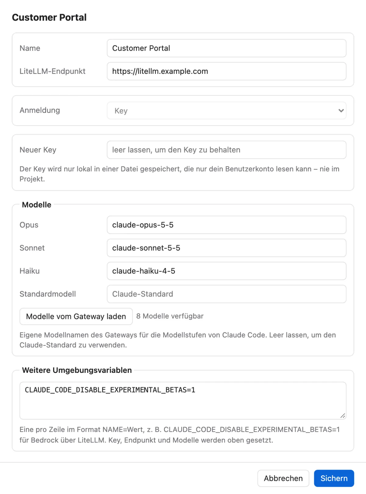 Profil-Editor von KeyZapper mit Key und Modellnamen des Gateways für Opus, Sonnet und Haiku