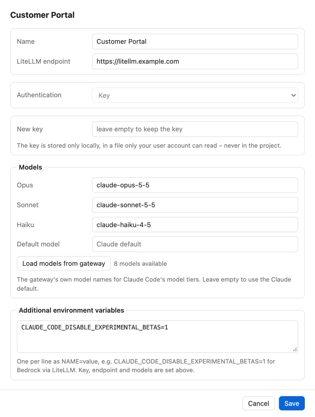 KeyZapper profile editor with key and gateway model names for Opus, Sonnet and Haiku