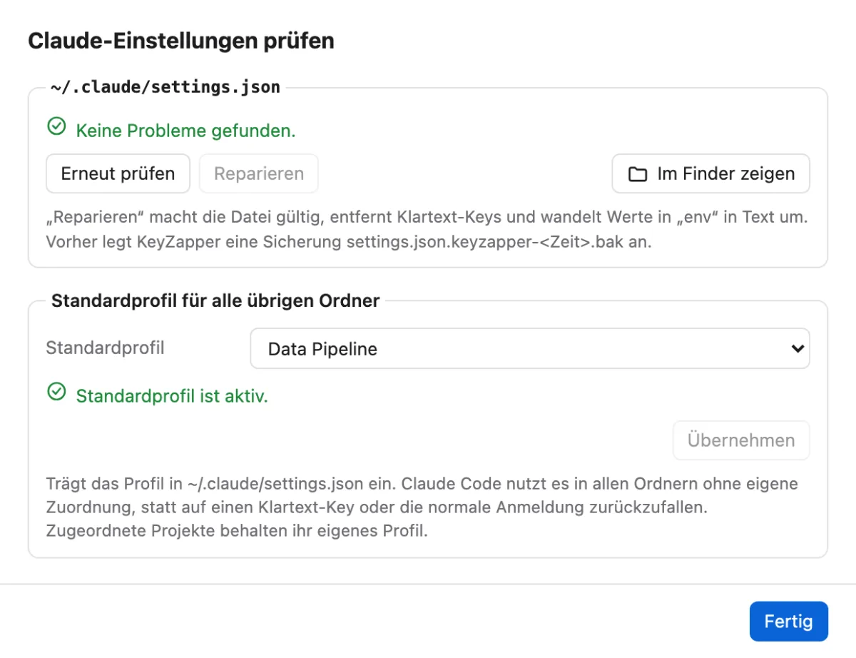 Prüfung der Claude-Einstellungen in KeyZapper