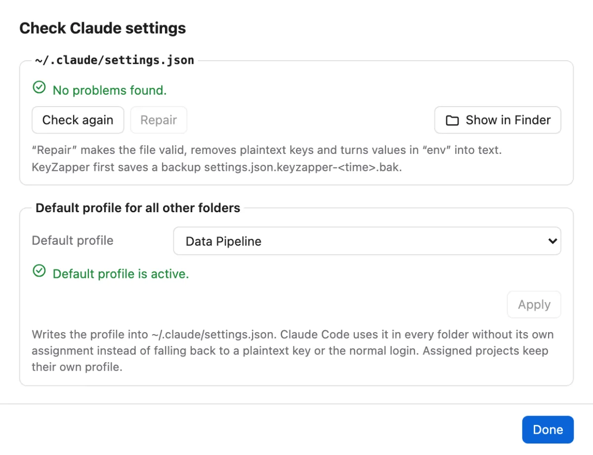Claude settings check in KeyZapper
