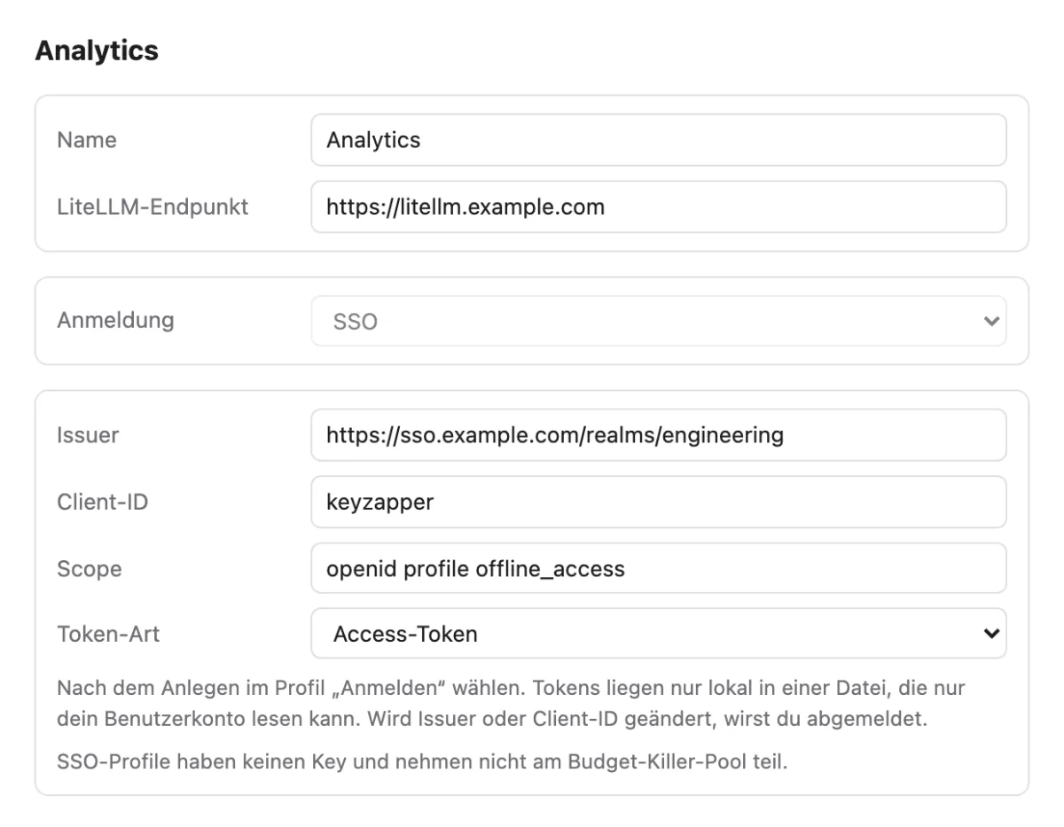 SSO-Profil in KeyZapper mit Issuer, Client-ID, Scope und Token-Art