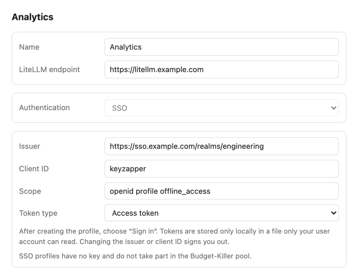SSO profile in KeyZapper with issuer, client ID, scope and token type