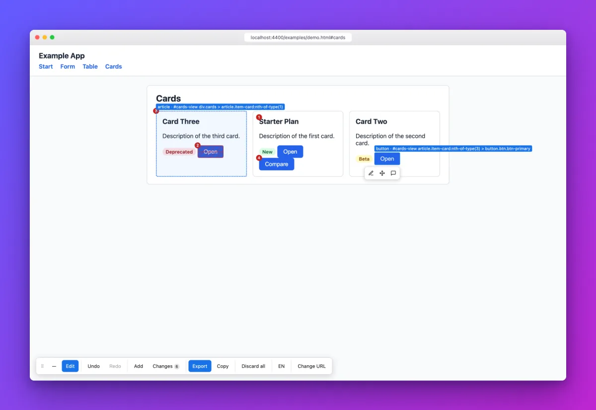 Element in einer Web-App mit nudgit ausgewählt