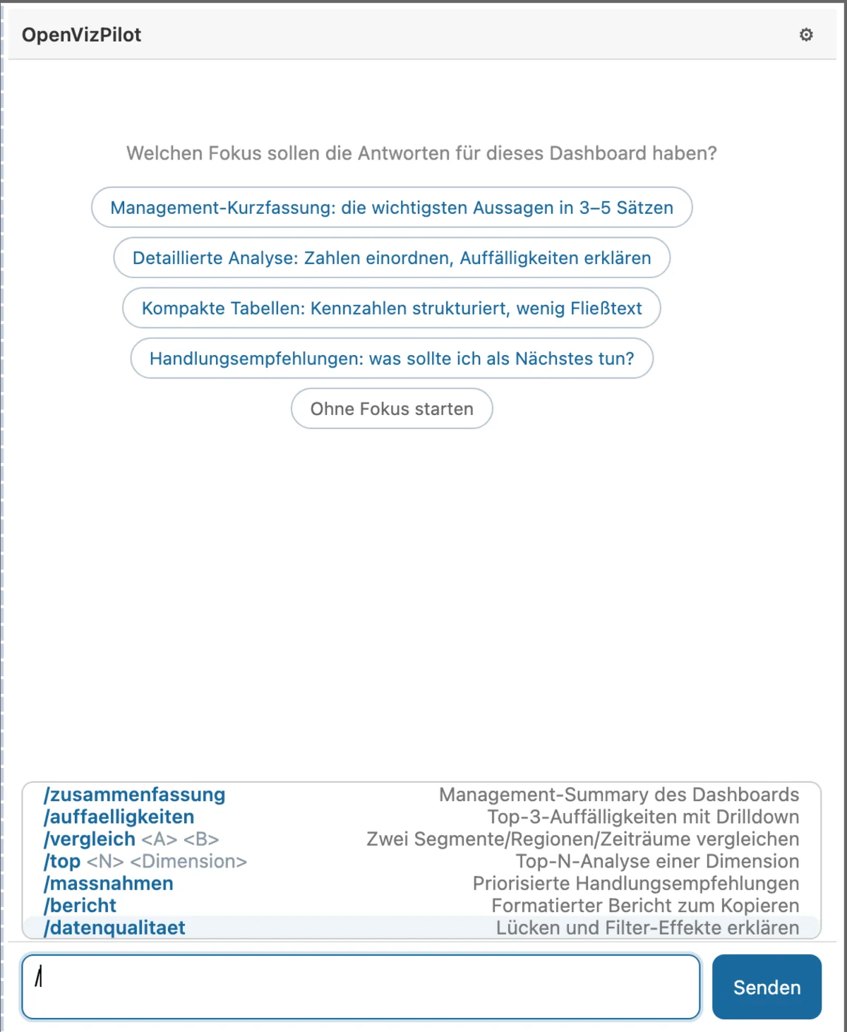 OpenVizPilot fragt beim ersten Kontakt nach dem gewünschten Antwortfokus; darunter das Slash-Befehlsmenü mit Befehlen wie /zusammenfassung und /vergleich.
