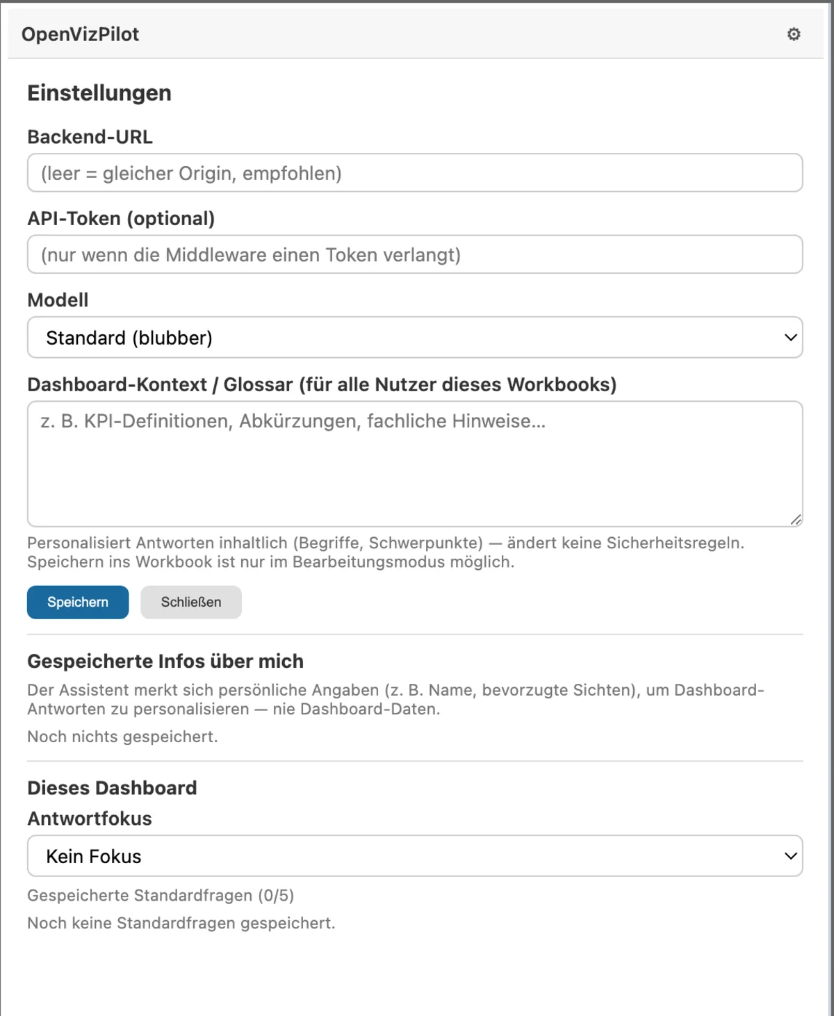 Einstellungen von OpenVizPilot: Backend-URL, Modellauswahl, Glossar für alle Nutzer des Workbooks, gespeicherte Infos über den Benutzer und Antwortfokus je Dashboard.