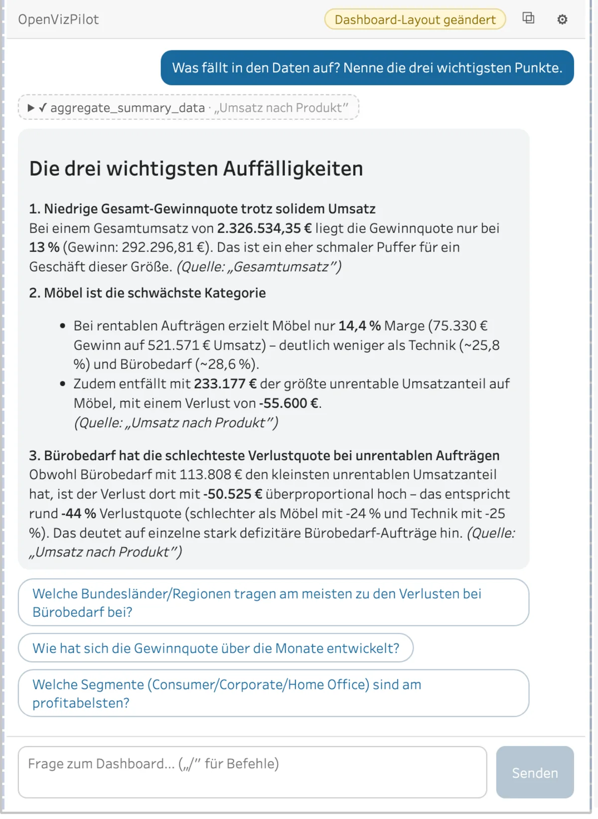 OpenVizPilot nennt die drei wichtigsten Auffälligkeiten eines Dashboards mit Zahlen und Quellenangabe je Worksheet; darüber der aufklappbare Tool-Aufruf.